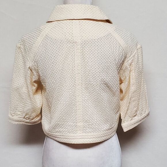 Kenzie Cream Eyelet Quarter Sleeve Single Button Collared Cropped Mini Jacket 6 - Picture 8 of 12